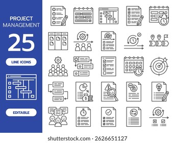 Conjunto de Ícones de Linha do Gerenciamento de Projetos. Inclui 25 ícones vetoriais editáveis, como plano de projeto, gráfico de Gantt, tarefa, prazo, velocidade, marco, ágil, controle de tempo, solicitação de alteração, teste de controle de qualidade e muito mais.