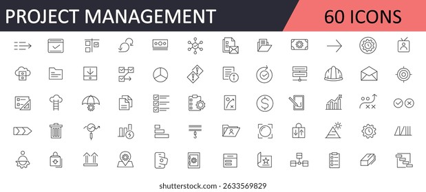 
Project management line icon set. Business or organization management, time management, planning, project and startup   outline icon collection. Editable stroke. Outline icon pack.