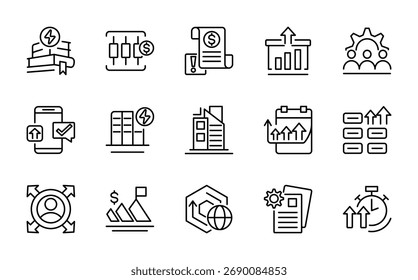 Conjunto de iconos de línea de gestión de proyectos. Gestión del tiempo, planificación, programación, liderazgo, proyecto, con gestión de riesgos, motivación, conjunto de iconos de línea de equipo. Ui paquete de iconos de línea delgada.