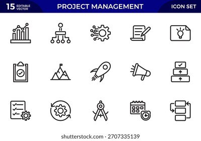 Project Management Line Icon Set. contains such icons as Project Plan, Time Management, Task List, Schedule. Thin outline icons pack. Vector illustration