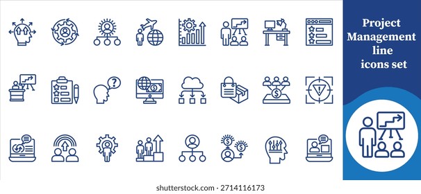Conjunto de iconos de línea de gestión de proyectos, negocios y finanzas, tecnología de la información, pensamiento, financiero, documentos, redes, banca en línea, banca, recesión, nube, temporizador, cerebro humano y más