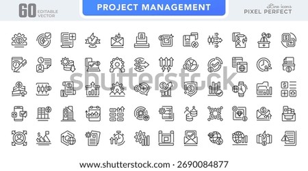 Project management line icon set. Time management, planning, scheduling, leadership, project, featuring risk management, motivation, team line icon set. Ui thin line icon pack.