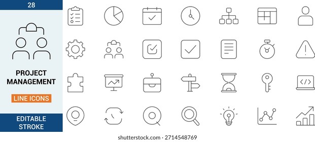 Iconos de línea de gestión de proyectos con trazo editable, símbolos de contorno modernos para planificación, trabajo en equipo, análisis, tareas, flujo de trabajo, tablero de control de negocios, UI UX, Web y diseño de App.