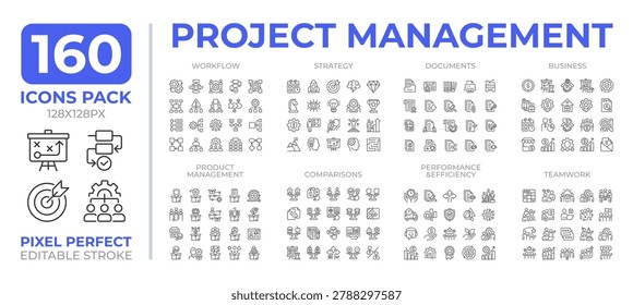 Project management line icons set collection. Workflow planning strategy. Organization activity mega pack of linear pictograms, pixel perfect. Isolated vector illustrations. Editable stroke