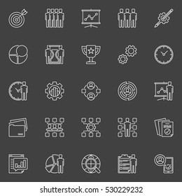 Project management line icons. Vector collection of business management and development outline creative signs on dark background