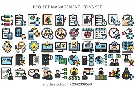 Project Management lineal multi color icons set, contain data analysis, graph, finance, network, idea and more. use for modern concept, UI or UX kit, web and app. vector EPS 10 ready convert to SVG. svg