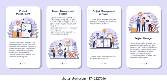 Project management mobile application banner set. Successful strategy, motivation and leadership. Marketing analysis and development. Vector illustration in cartoon style