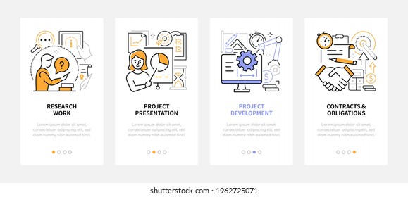 Project management - modern line design style web banners with copy space for text. Research work, presentation, contracts and obligations, web development carousel posts. Business and workflow idea