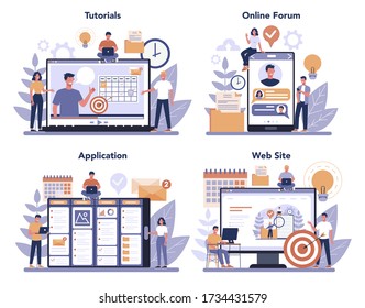Servicio en línea de administración de proyectos o conjunto de plataformas. Estrategia, motivación y liderazgo exitosos. Foro en línea, video tutorial, sitio web o aplicación. Ilustración vectorial en estilo de caricatura