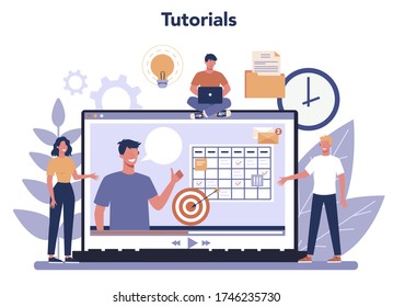 Projektmanagement-Online-Dienst oder Plattform. Erfolgreiche Strategie, Motivation und Führung. Online-Video-Tutorial. Vektorgrafik im Cartographie-Stil