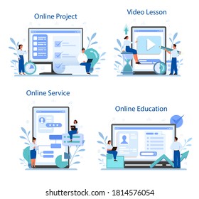Project management online service or platform set. Successful strategy, motivation and leadership. Marketing analysis and development. Online project, education, video lesson. Vector illustration