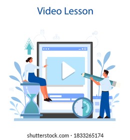 Servicio o plataforma en línea de administración de proyectos. Estrategia, motivación y liderazgo exitosos. Análisis y desarrollo de marketing. Lección de video. Ilustración del vector