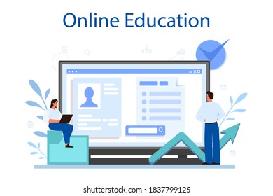 Servicio o plataforma en línea de administración de proyectos. Estrategia, motivación y liderazgo exitosos. Análisis y desarrollo de marketing. Educación en línea. Ilustración del vector