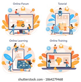 Project management online service or platform set. Successful strategy. Marketing analysis and development. Online forum, tutorial, learning, training. Vector illustration in cartoon style