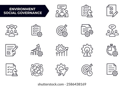 Project management outline icon set. Collection of collaboration, workflow, strategy, deadlines and more. Vector illustration. Editable stroke.