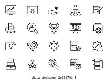 Conjunto de iconos de esquema de Project Management. Gestión del tiempo, Lista de tareas, Programa, Colaboración, Gestión de costes, Gestión de riesgos