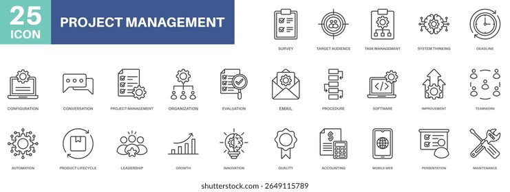 project management pack outline concept design icons set collections, simple style design inspiration for any interface and purpose suitable for symbols and more