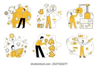 Gestión de proyectos. Personas de ensamblar rompecabezas, construir estructuras, generar ideas y usar la tecnología. Ideal para trabajo en equipo, innovación, planificación estratégica, resolución de problemas y proyectos