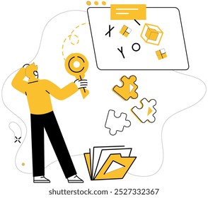 Project management. A person examines strategic planning with a magnifying glass, surrounded by floating puzzle pieces, documents, and a whiteboard with symbols. Ideal for strategy, planning