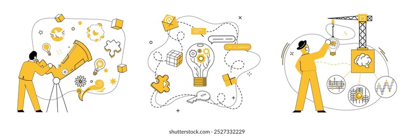 Gestión de proyectos. Una persona que explora objetivos utilizando un telescopio, desarrollando ideas representadas por bombillas y engranajes, y construyendo proyectos con una grúa. Ideal para la estrategia de negocios, establecimiento de objetivos