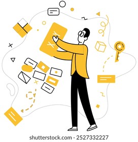 Gestión de proyectos. Una persona gestiona múltiples tareas simbolizadas por documentos e iconos flotantes. Ideal para productividad, organización, flujo de trabajo, gestión de tareas, estrategia de negocio. Diseño limpio simple