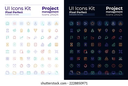 Project management pixel perfect color linear ui icons set for dark, light mode. Business plan. Outline isolated user interface elements collection. Editable stroke. Montserrat Bold, Light fonts used