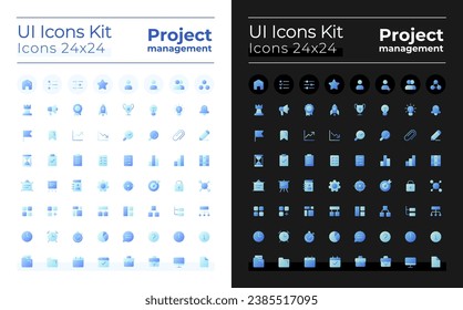 Project management pixel perfect flat gradient two-color ui icons kit for dark, light mode. Business plan. Vector isolated RGB pictograms. GUI, UX design for web, mobile. Poppins font used