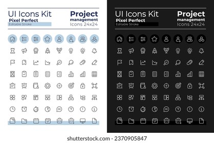 Project management pixel perfect linear ui icons kit for dark, light mode. Business strategy. Outline isolated user interface elements for night, day themes. Editable stroke. Poppins font used