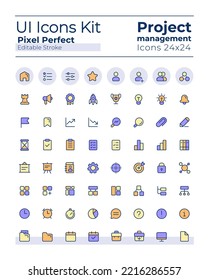 Juego de iconos de color RGB perfecto para píxel de administración de proyectos. Estrategia de desarrollo empresarial. GUI, diseño UX para aplicación móvil. Pictogramas aislados por vectores. Trazo editable. Fuente de Poppins utilizada