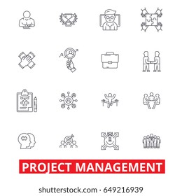 Project management, project, plan, consulting, chart, construction, engineering line icons. Editable strokes. Flat design vector illustration symbol concept. Linear signs isolated on white background