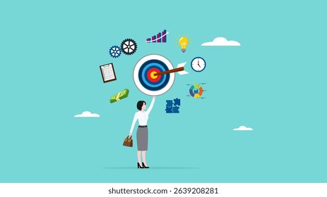 project management plan, design of business strategies to develop new products, work procedures to achieve business targets, woman holding pencil and dart board with business project management