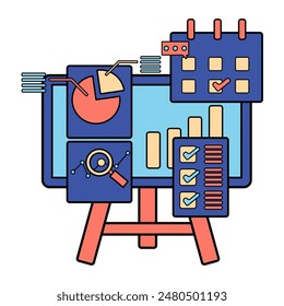 Project management and planning concept with whiteboard, calendar, charts, and to-do lists. Illustration for business strategy, organization, and analytics.