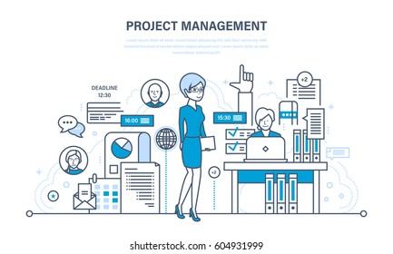 Project management, planning, implementation deadlines and time management, process control, operational discipline. Illustration thin line design of vector doodles, infographics elements.