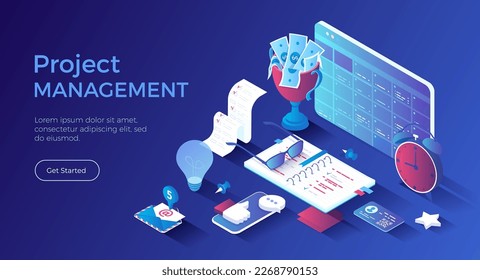 Project management, planning organization schedule. Productivity, marketing analysis and development. Isometric landing page. Vector web banner.	
