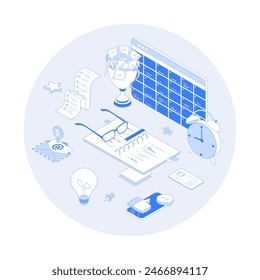 Project management, planning organization schedule. Productivity, marketing analysis and development. Vector outline illustration with isometry scene for web graphic	
