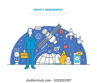 Project management. Planning and organization of working time, hours, control of growth of economic activities, start up, management, successful businessman. Illustration thin line design.