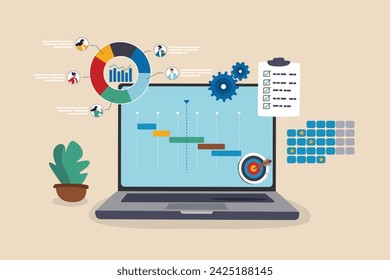 Gestión de proyectos, planificación para el desarrollo de software, planificación de recursos y presupuesto, diagrama de programación de proyectos, concepto de fecha límite de gantt chart para el trabajo, ordenador portátil con software de gestión de proyectos.