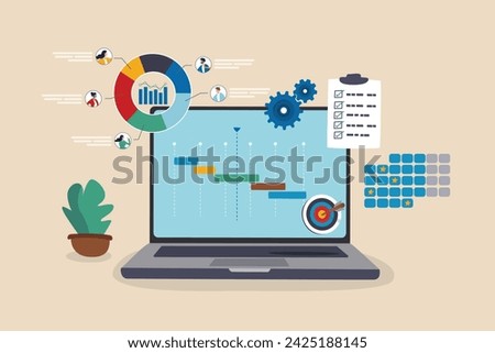 Project management, planning for software development, resources and budget planning, project schedule diagram, gantt chart for work deadline concept, computer laptop with project management software.