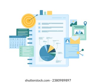 Project management and planning vector illustration. Cartoon isolated planner with work progress presentation, infographic analysis charts and calendar, schedule details to organize business event