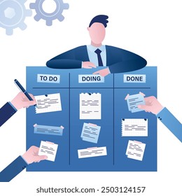 Project management, planning of work and business. Kanban board methodology. Meeting process, cards with tasks on blackboard, teamwork visualization in office. To do, in progress, done stages. vector