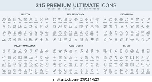 Project management, power industry supply and support thin black line icons set vector illustration. Outline symbols of work safety, manufacturing and energy production, business strategy and task