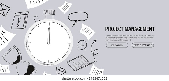 Project management process concept. Modern flat digital illustration of time management metaphor, a stopwatch, timeline and workflow. Creative vector illustration for web page, banner, poster, ads.