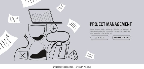 Project management process concept. Modern flat digital illustration of time management metaphor, a stopwatch, timeline and workflow. Creative vector illustration for web page, banner, poster, ads.