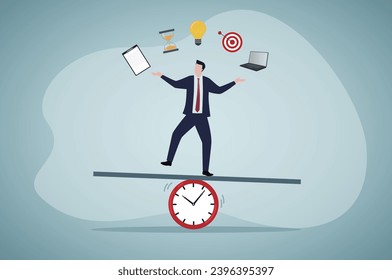 Project management process to manage and develop with resources to deliver quality product, agile development cycle, businessman project manager balance on clock juggling project management elements.