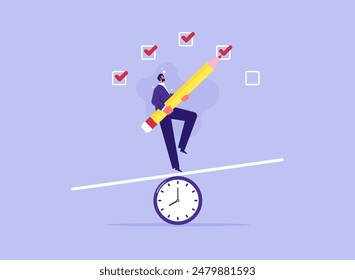 Project management process to manage and develop with resources to deliver quality product, businessman balance on clock and filling checkmark, successful completion of business tasks