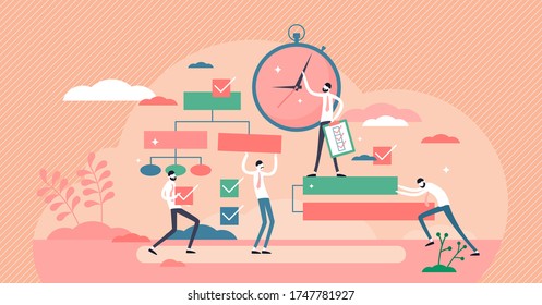 Project management process vector illustration in flat tiny persons concept. Business project plan execution control to fit in deadline time and solve problems and questions. Teamwork pressure scene.