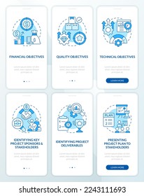 Project management processes blue onboarding mobile app screens set. Walkthrough 3 steps editable graphic instructions with linear concepts. UI, UX, GUI template. Myriad Pro-Bold, Regular fonts used