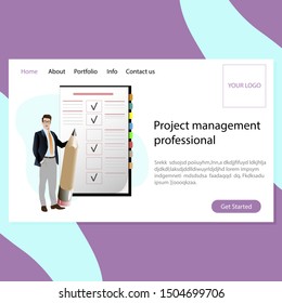 Project management professional landing page. Businessman with big pencil and list task. Vector confident guy planning his work illustration
