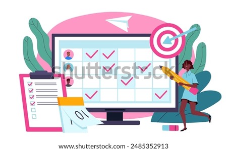 Project management program. Woman with pencil makes marks on calendar. Collaboration and cooperation, partners working on common task. Organizing effective work process. Flat vector illustration