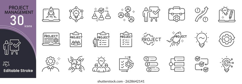 Coleções de ícones relacionados ao Gerenciamento de Projetos. Contendo ícones de Projeto, Gerenciamento, Planejamento, Trabalho em equipe, Prazo, Tarefa, Estratégia, Meta, Andamento e Colaboração. Traço editável . Contornar ícones.